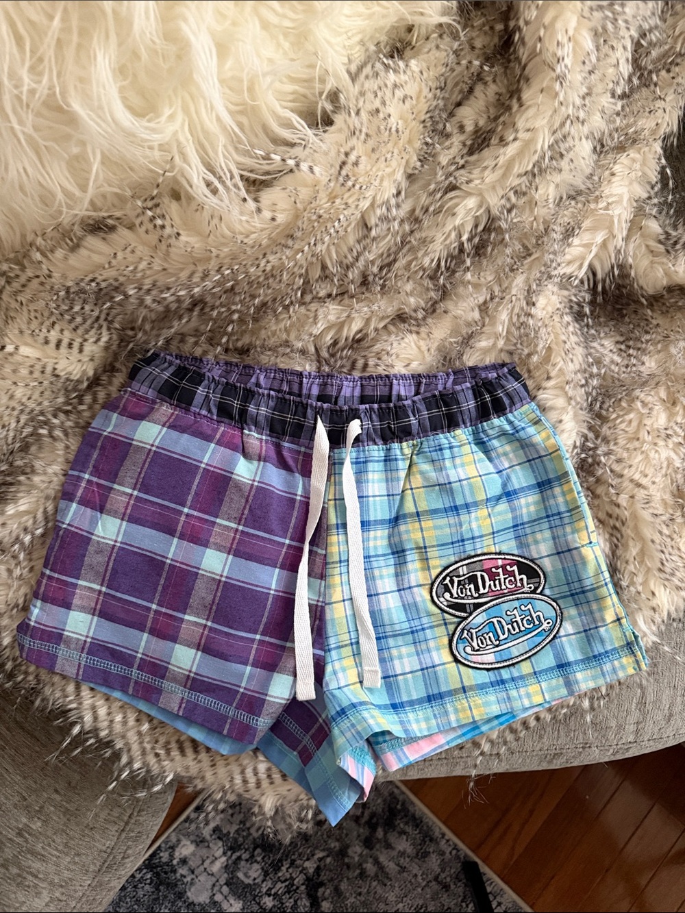 Von Dutch Two-Tone Plaid Drawstring Shorts — Purple & Light Blue